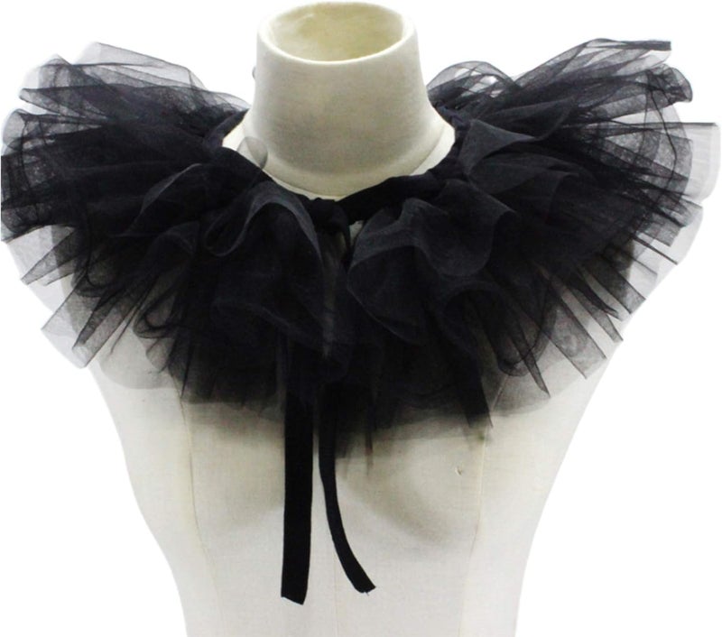 XUYUH Decorative Collar Victorian Ruffled Mesh Fake Collar Shawl Tulle Clown Cosplay Neck Ruff Choker, 40cm, Black - Image 1